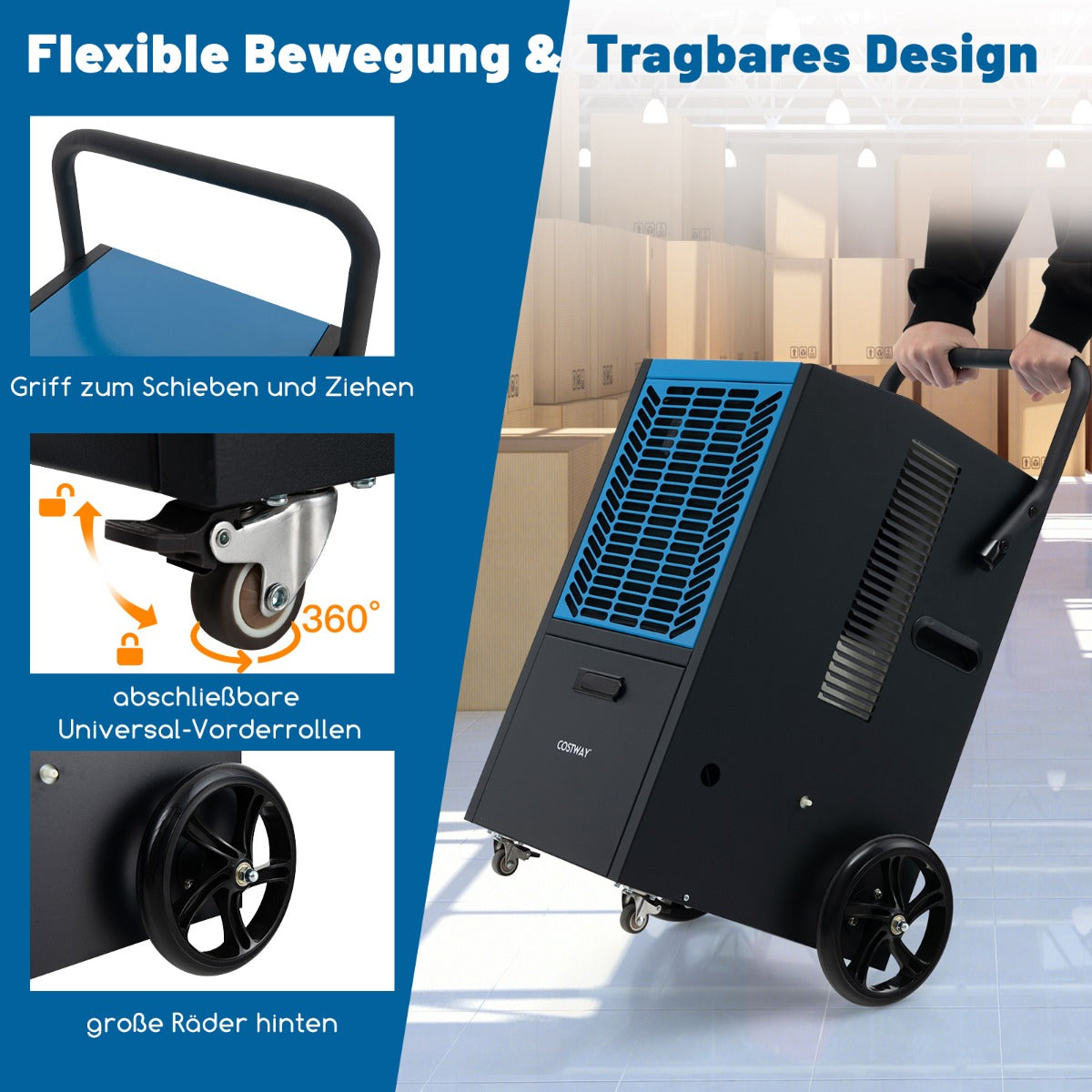 Kommersiell – avfuktare med pump och avloppsslang timmarstimer hjul – 24 4 – Blå