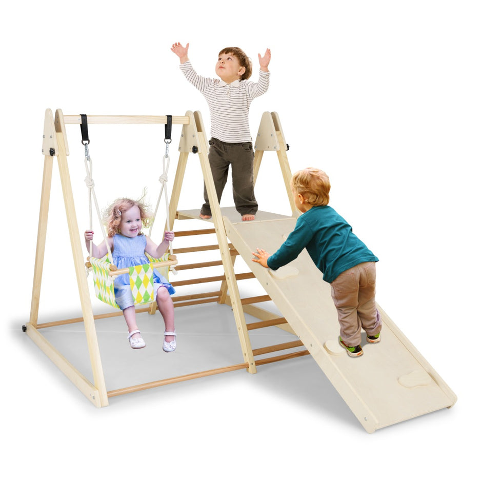 i – klätterställning med babyschaukel, vilo plattform, klätterramp och stege Montessori set – 4 1 – Natur