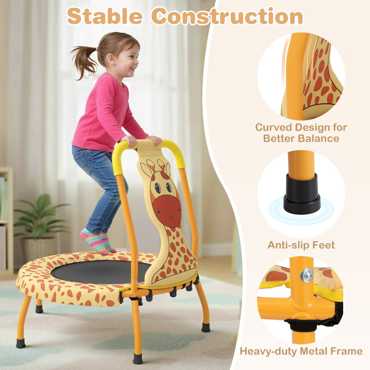 Barnstudsmatta – med handtag och kantfodral Minitrampolin giraffmotiv – Ø 71 cm – Orange