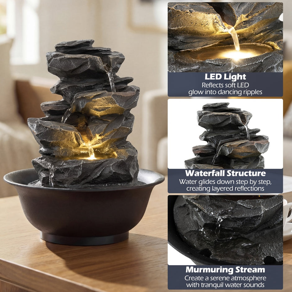 Bordsfontän – med vattenfall steneffekt färgad LED zen vattenbrunn – 21,5 x 26 cm – Svart