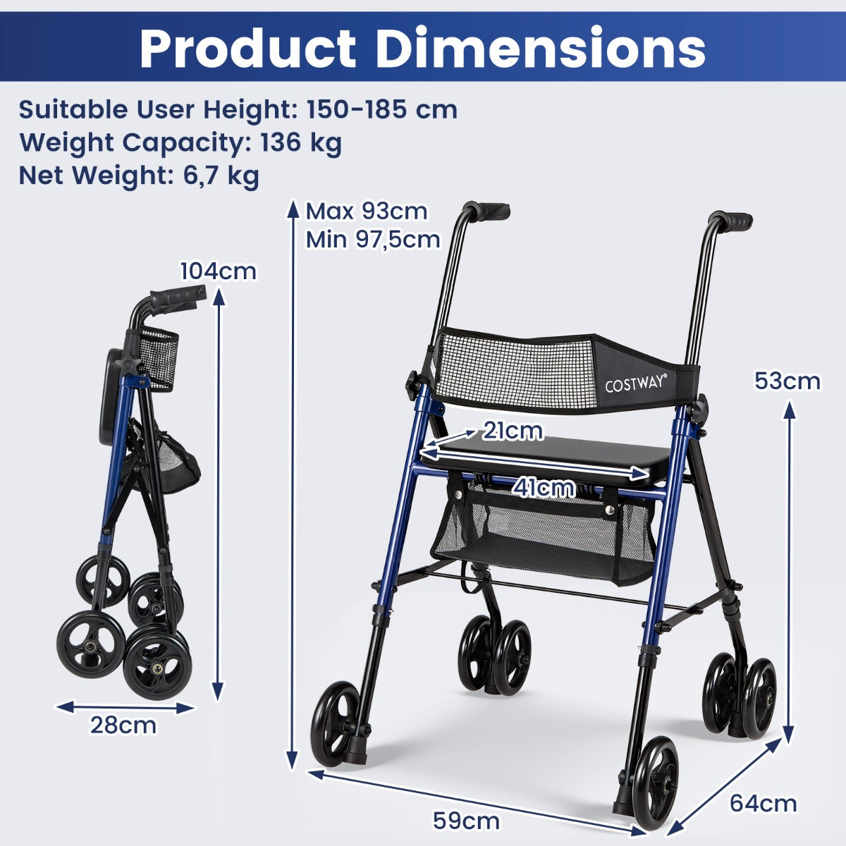 Fällbar – Rollator Med Sits Väska väg Höjdjusterbar Lätt Hjul För Seniorer – 8 15 cm – Svart