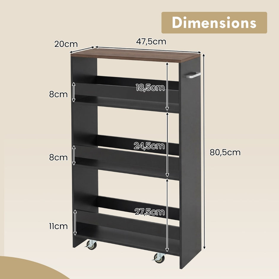 Nischvagn – bred hyllplan smal köksvagn nischhylla på hjul + – 20 cm 4 47,5 x 20 x 80,5 cm – Brun + svart