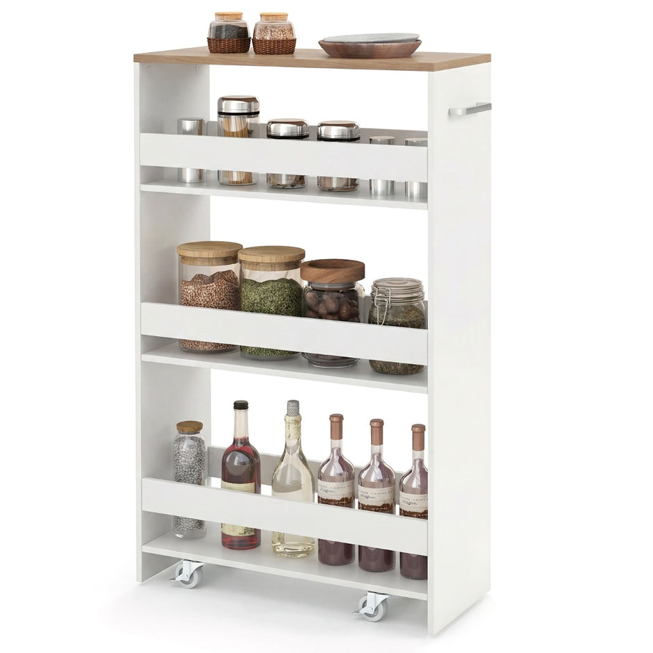 Nischvagn – bred hyllplan, smal köksvagn nischhylla på hjul + – 20 cm 4 47,5 x 20 x 80,5 cm – Natur + vit