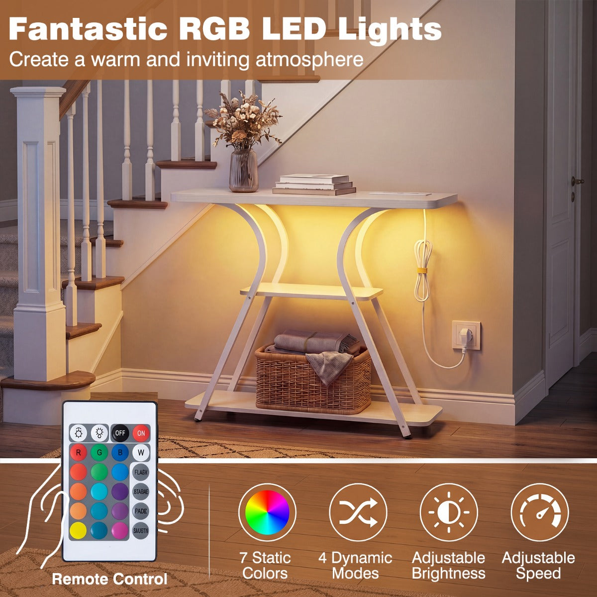 Konsolbord – med LED belysning och laddstation, smalt hallbord hyllor, metallram fjärrkontroll Rustikalt – 3 – Rustik brun