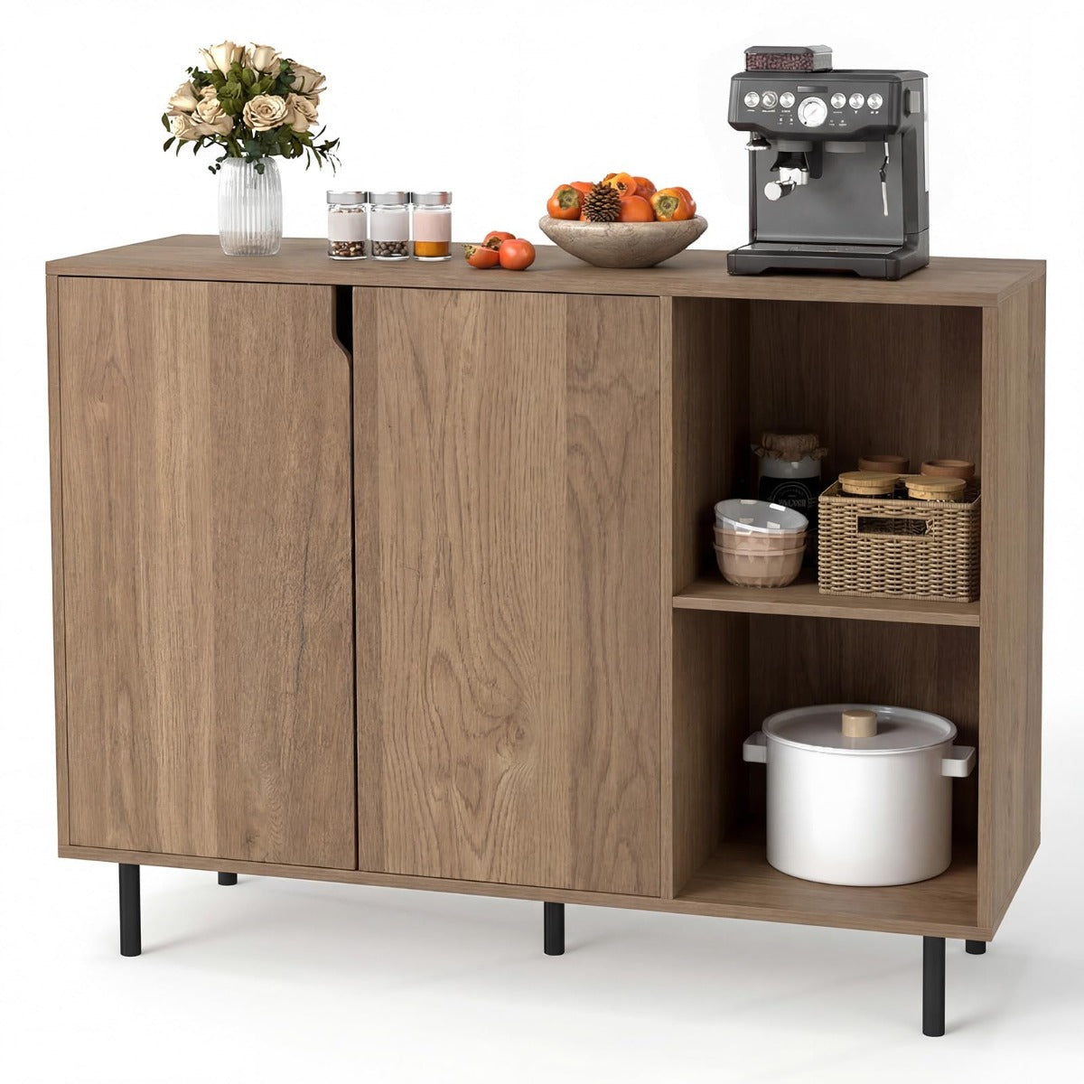 Träsideboard – med fack och dörrar justerbara hyllor Buffetskåp – 4 2 – Natur