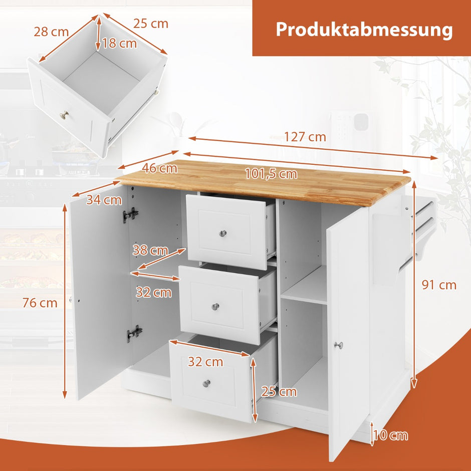 Köksskåp – Trä Köksö med dolda hjul Köksvagn bänkskiva – 5 127 x 46 x 91,5 cm – Vit