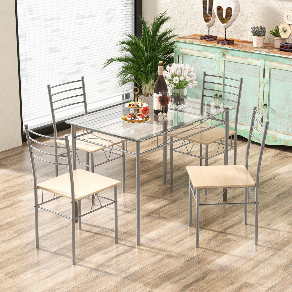 delat – matsalsset Rektangulärt matbord i glas med stolar och stomme i rostfritt stål – 5 4 – Natur