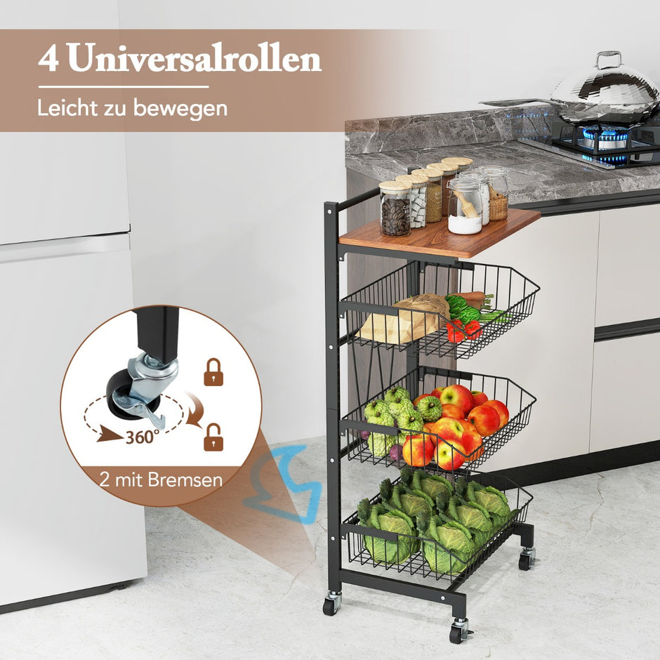 Serveringsvagn – med hjul Grönsakshylla utdragbara korgar – 40 x 31 x 88 cm – Svart