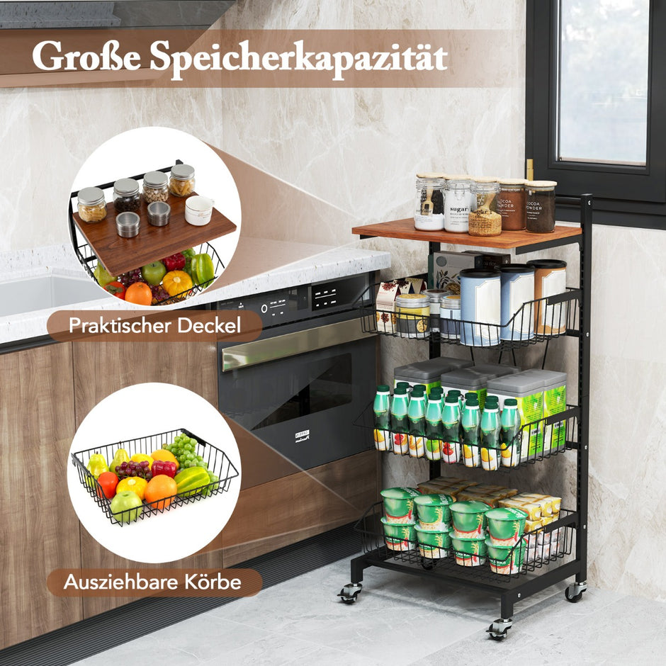 Serveringsvagn – med hjul Grönsakshylla utdragbara korgar – 40 x 31 x 88 cm – Svart