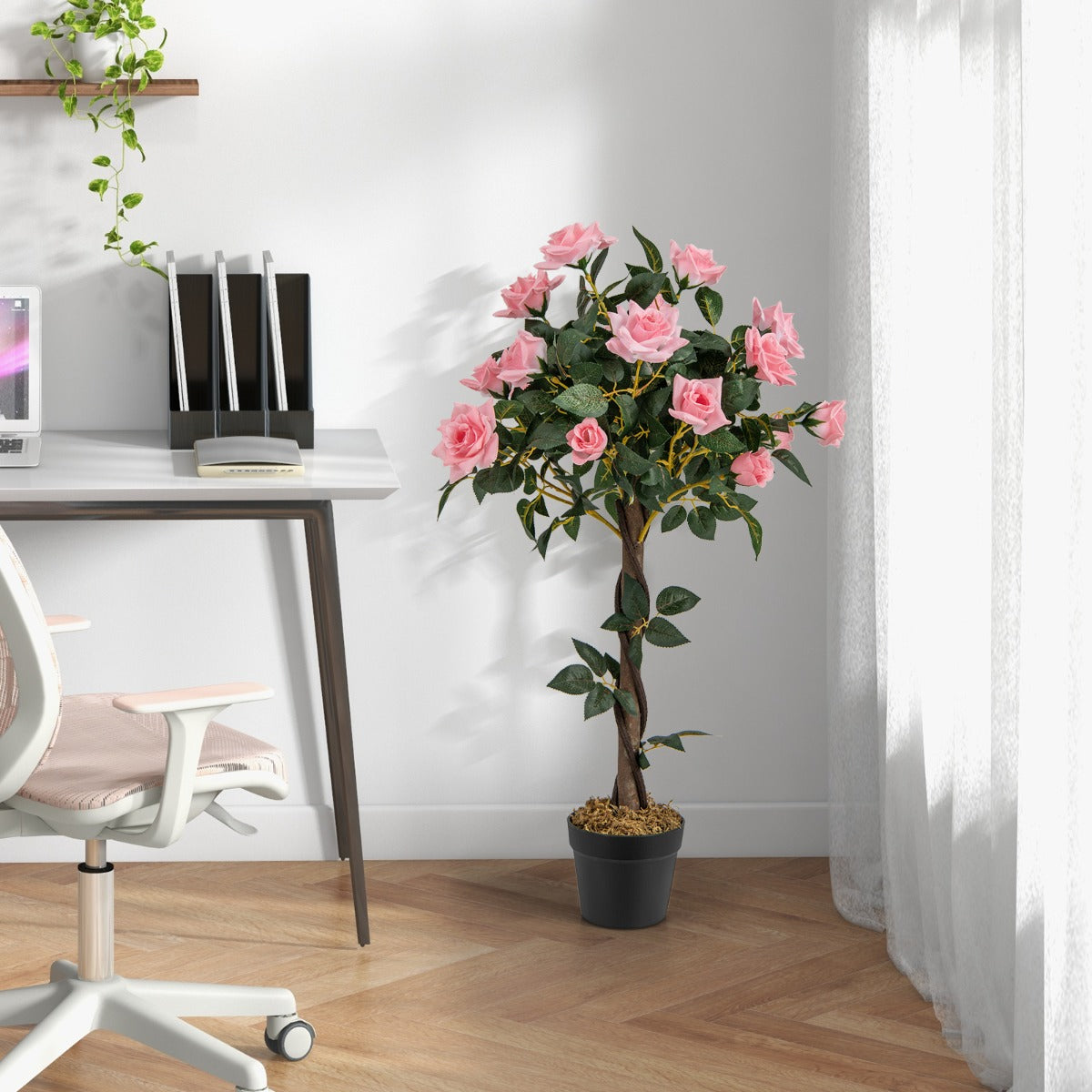 Rosenträd – med tallrosor och naturligt stamkonstträd blommor – 21 93 cm – Rosa