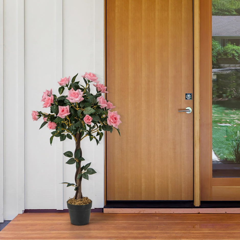 Rosenträd – med tallrosor och naturligt stamkonstträd blommor – 21 93 cm – Rosa