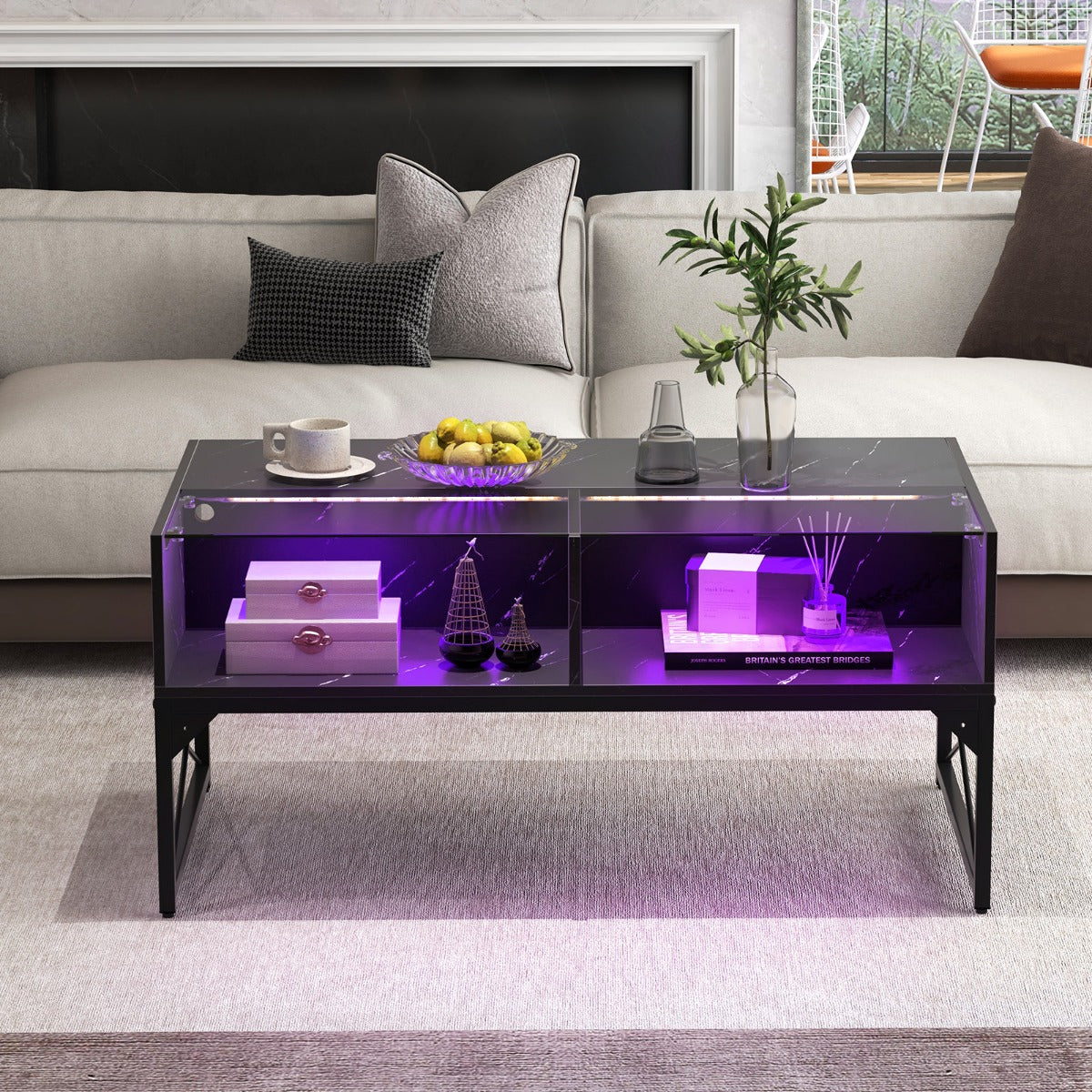 LED soffbord – med marmorlook och justerbara ljusfärger ljusstyrka vardagsrumsbord – Svart