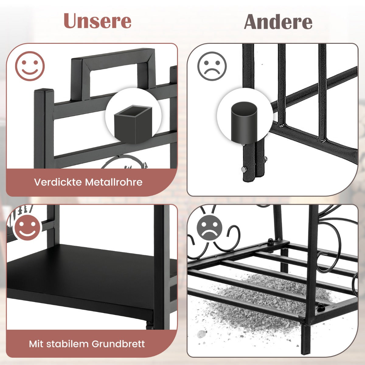 Vedställ – av metall med handtag och justerbara fotkuddar – 46 x 34 x 45 cm – Svart
