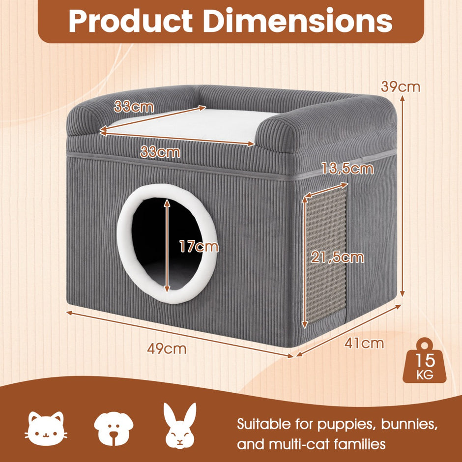 Fällbart – katthus med sisalklösmatta, mjuk kudde och förhöjda kanter kattbädd – Grå