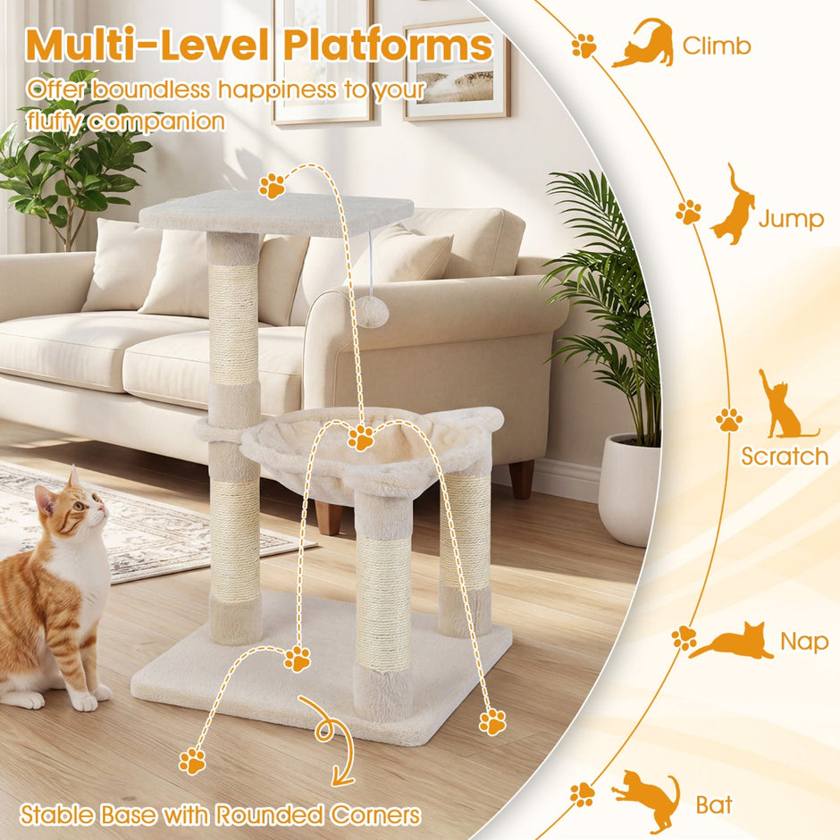 Kattträd – Utsiktsplats Hängmatta Sisal Kratstammar Boll Klättringsplattförmar – 64 Cm – Beige