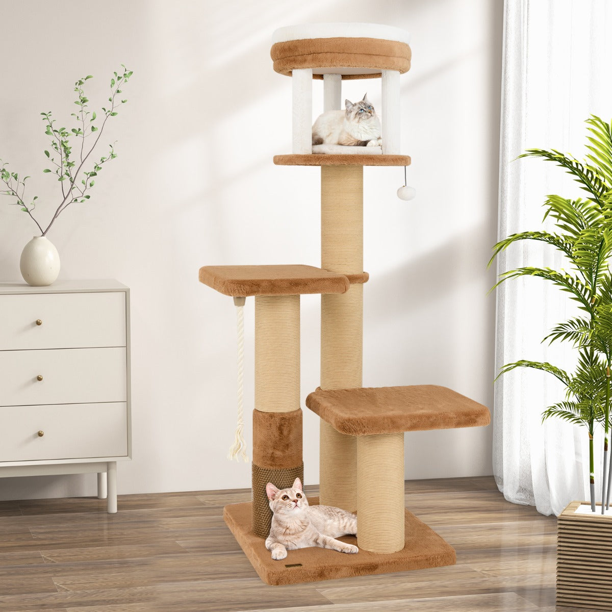 Skrapstolpe – med pälsborste och vadderad sits avtagbar kattsäng – Natur