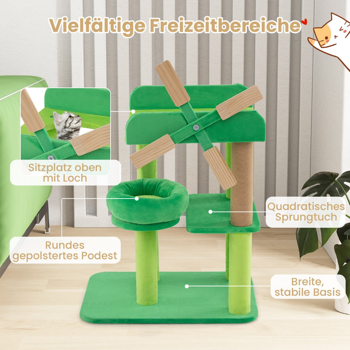Liten – skrapstolpe med liggdel och plattformar kattträd i väderkvarnsform – Grön