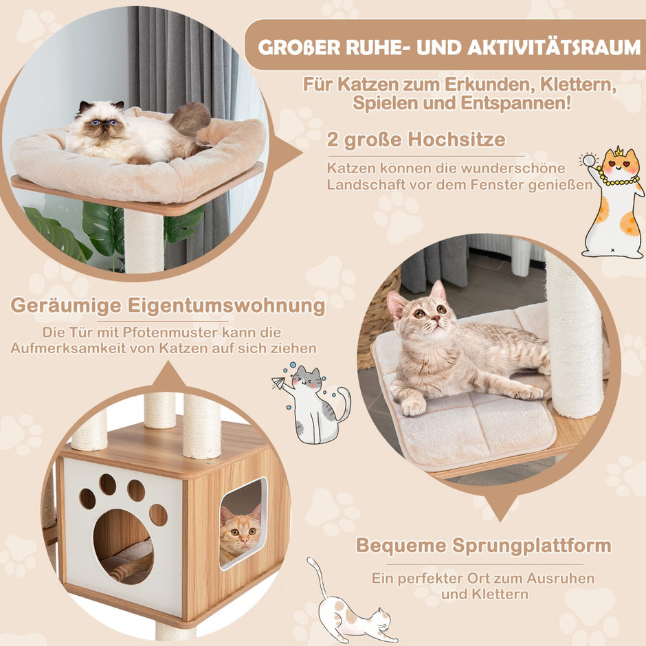 vånings – kattträd med mysiga mattor och grotta kattbåge – 6 176 cm – Beige