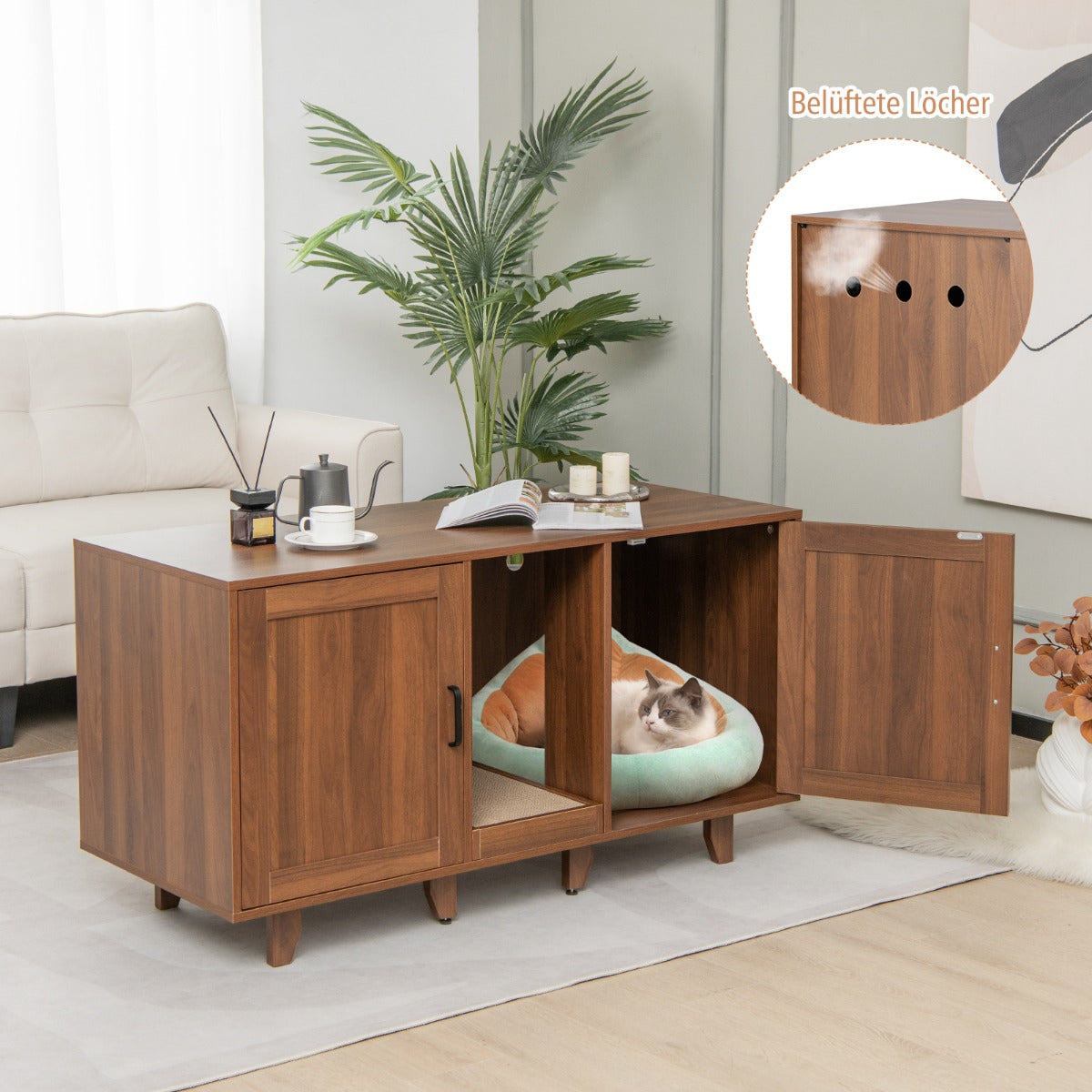 Kattskåp – för kattsandlåda med dörrar och skrapbräda entré – 2 120 x 52 x 65 cm – Brun