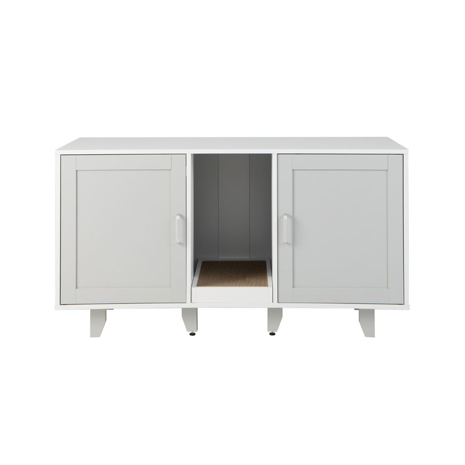 Kattskåp – för kattsandlåda med dörrar och skrapbräda entré – 2 120 x 52 x 65 cm – Ljusgrå