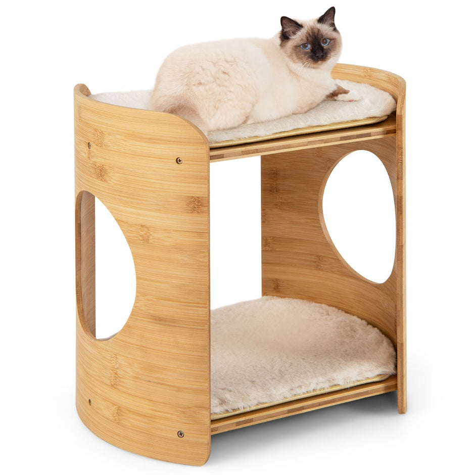 vånings – bambu kattsäng med avtagbara plyschmattor och katthål för kattsovplats – 2 2 – Beige