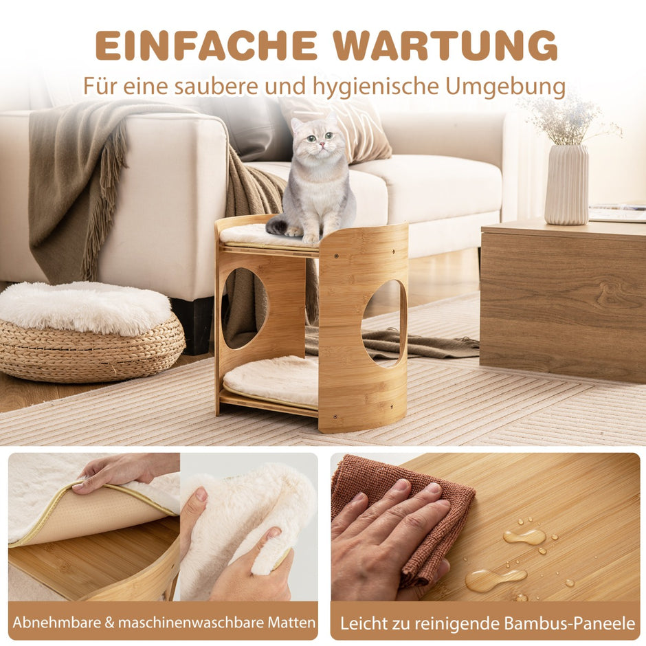 vånings – bambu kattsäng med avtagbara plyschmattor och katthål för kattsovplats – 2 2 – Beige