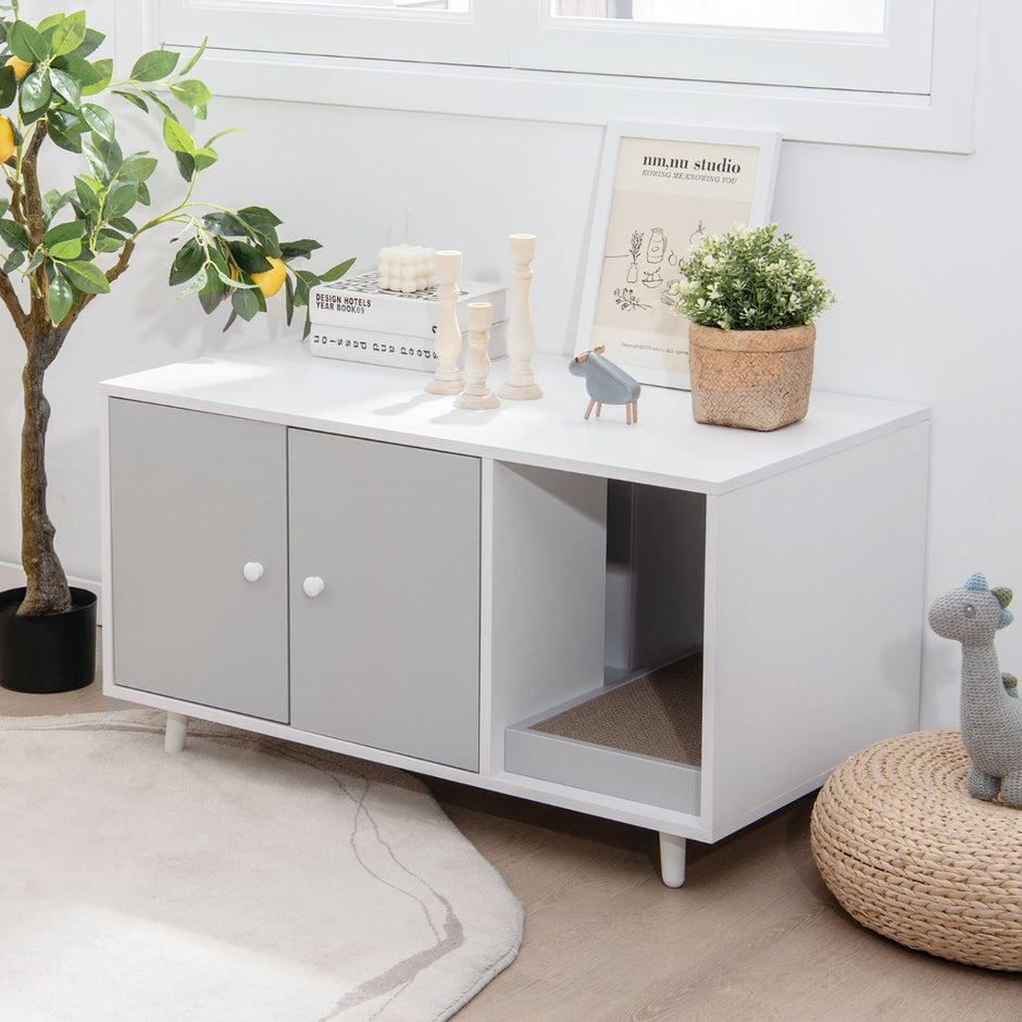 i – sidobord och kattskåp med skrapbräda Kattlåda Soffbord – 2 1 90 x 50 x 50 cm – Grå