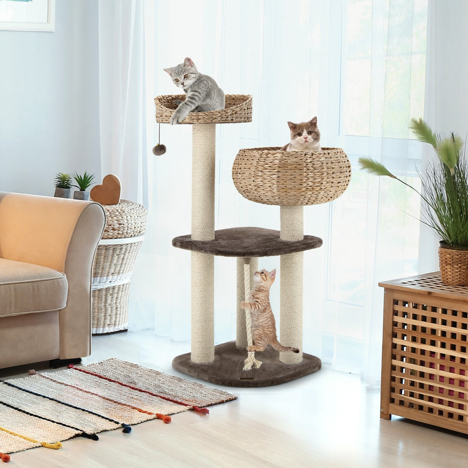 Träkattträd – med sängar och leksaksboll rep sisallindade pelare – 104 cm – Brun