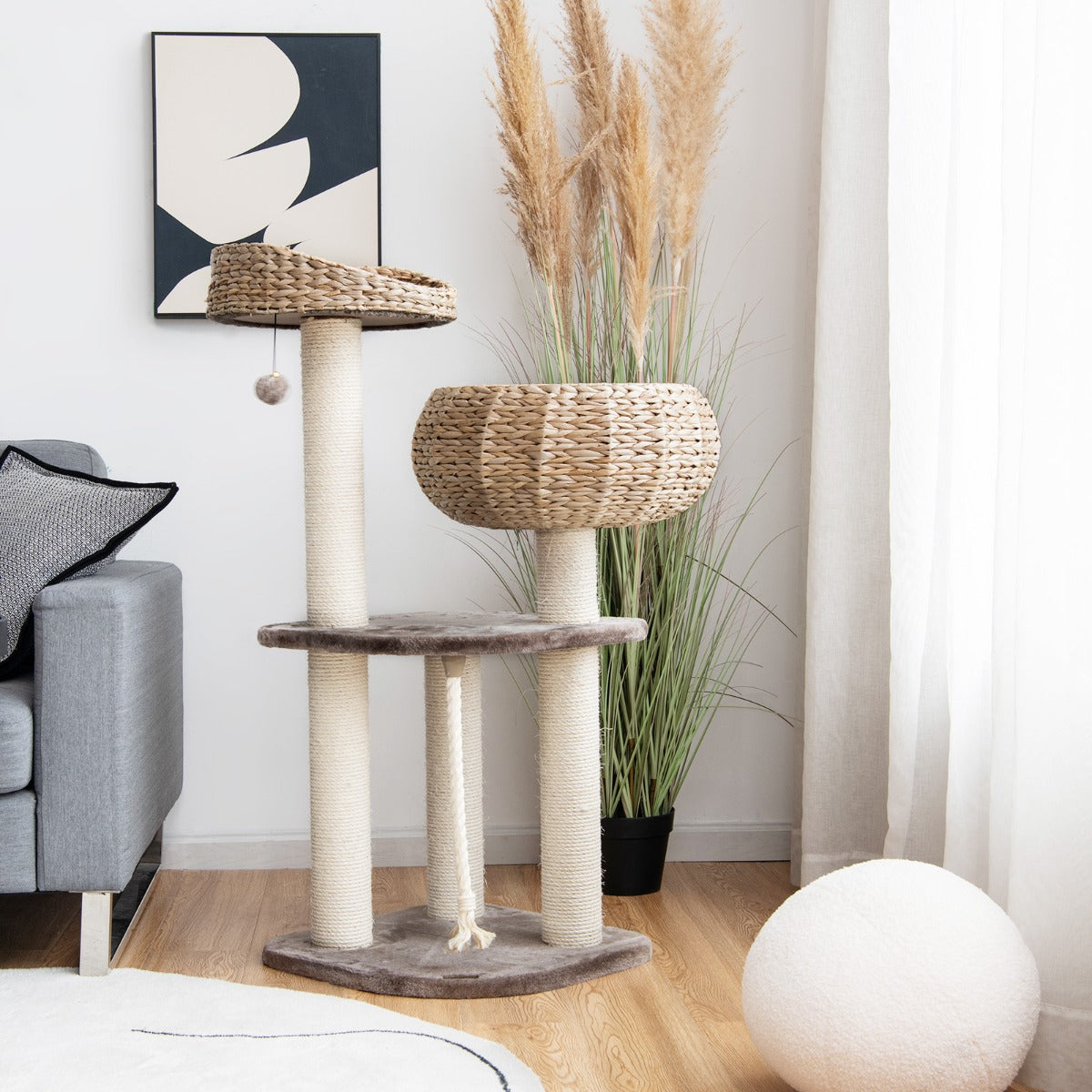 Träkattträd – med sängar och leksaksboll rep sisallindade pelare – 104 cm – Brun