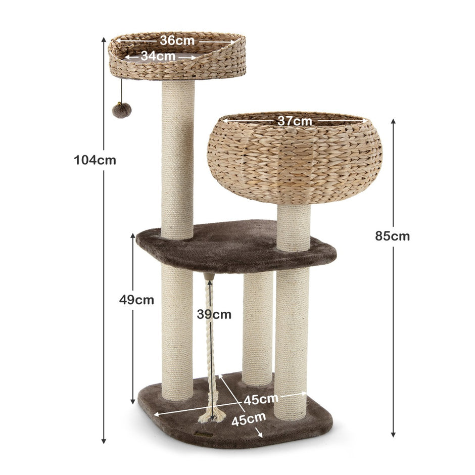 Träkattträd – med sängar och leksaksboll rep sisallindade pelare – 104 cm – Brun