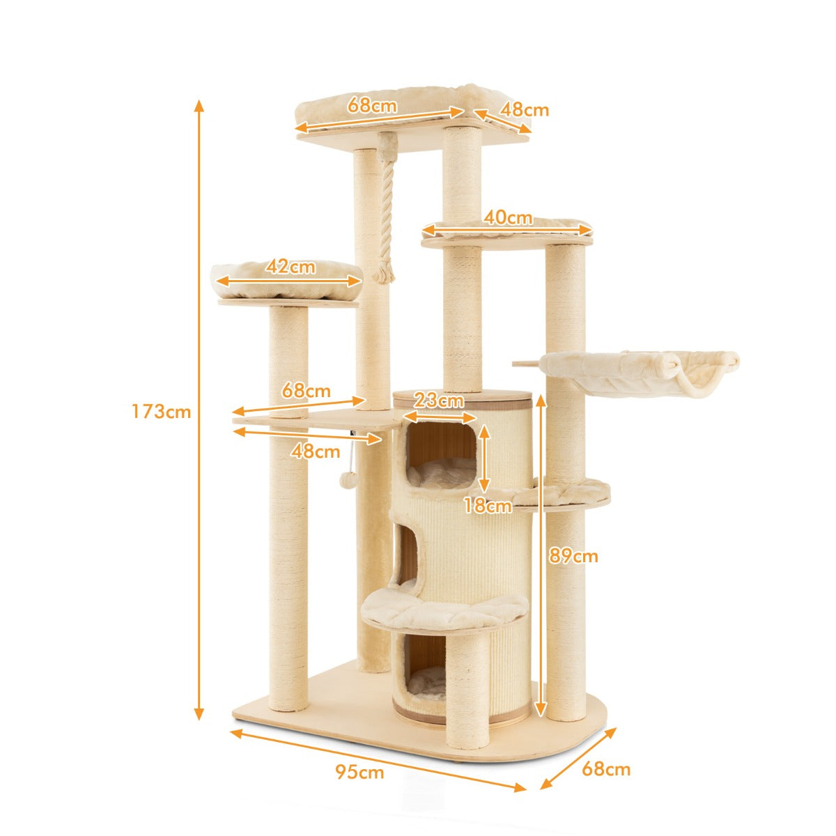 Träskrapstolpe – med kattgrotta och mattor boll hängrep Kattträd – 173 cm – Beige