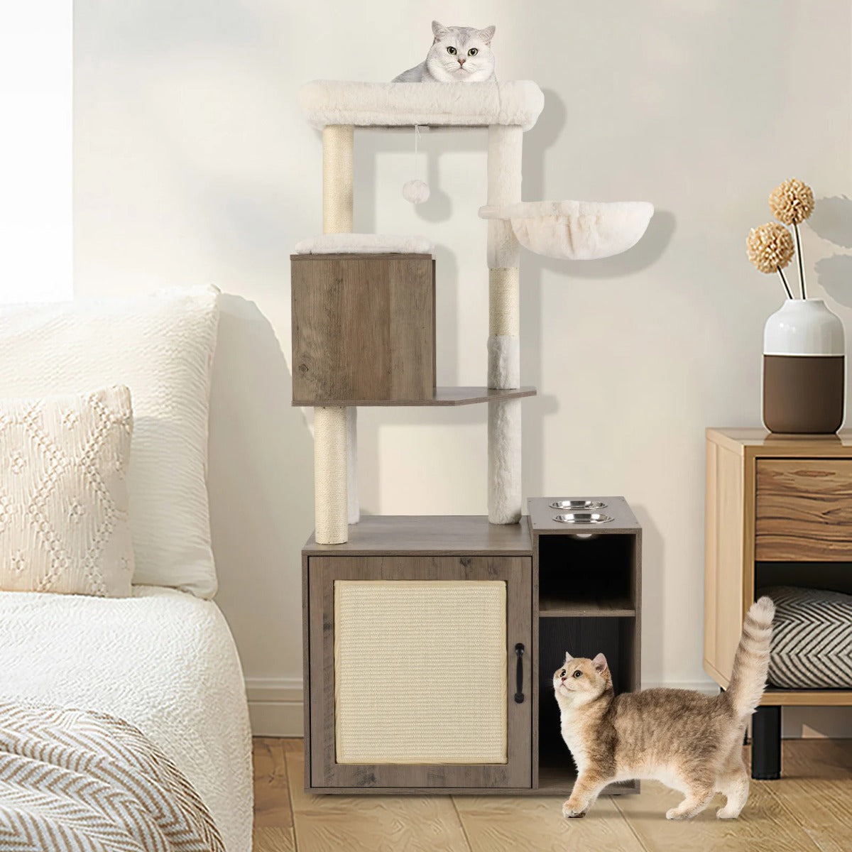 Kattmöbel – med klösstång Kattorn sisal Klösmatta och hängande boll Kattklätterträd – Grå