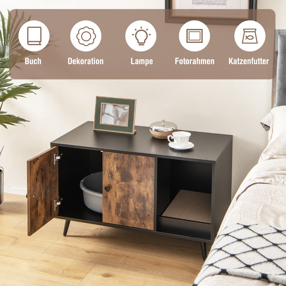 Gömställe – för kattlådan modernt katthus med skåp dubbeldörr – 90 x 50 x 54 cm – Rustik brun