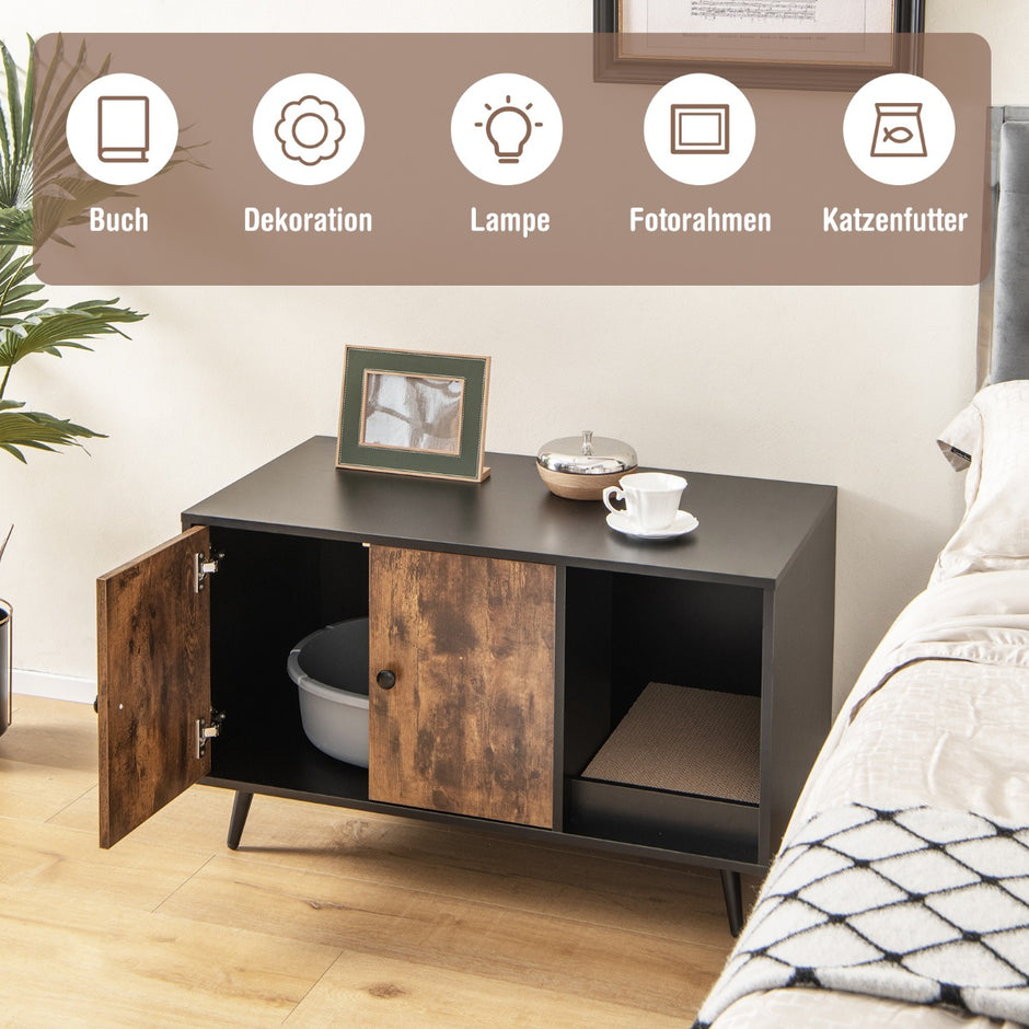 Gömställe – för kattlådan modernt katthus med skåp dubbeldörr – 90 x 50 x 54 cm – Rustik brun