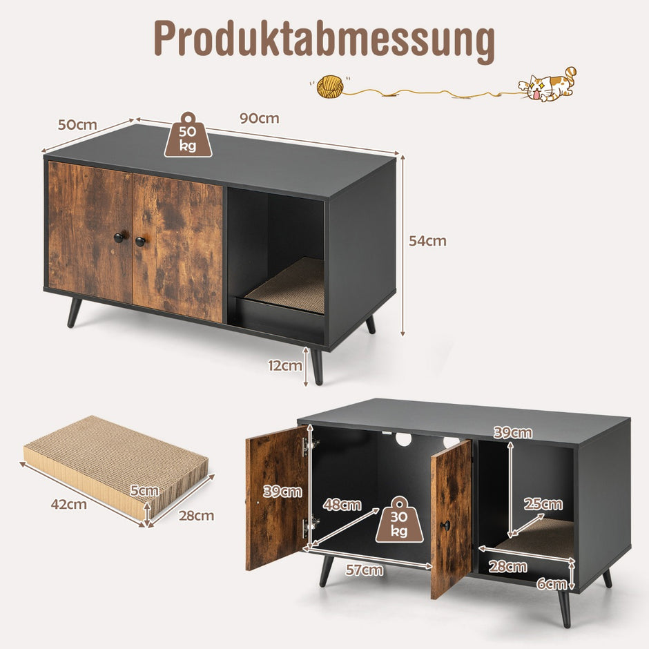 Gömställe – för kattlådan modernt katthus med skåp dubbeldörr – 90 x 50 x 54 cm – Rustik brun