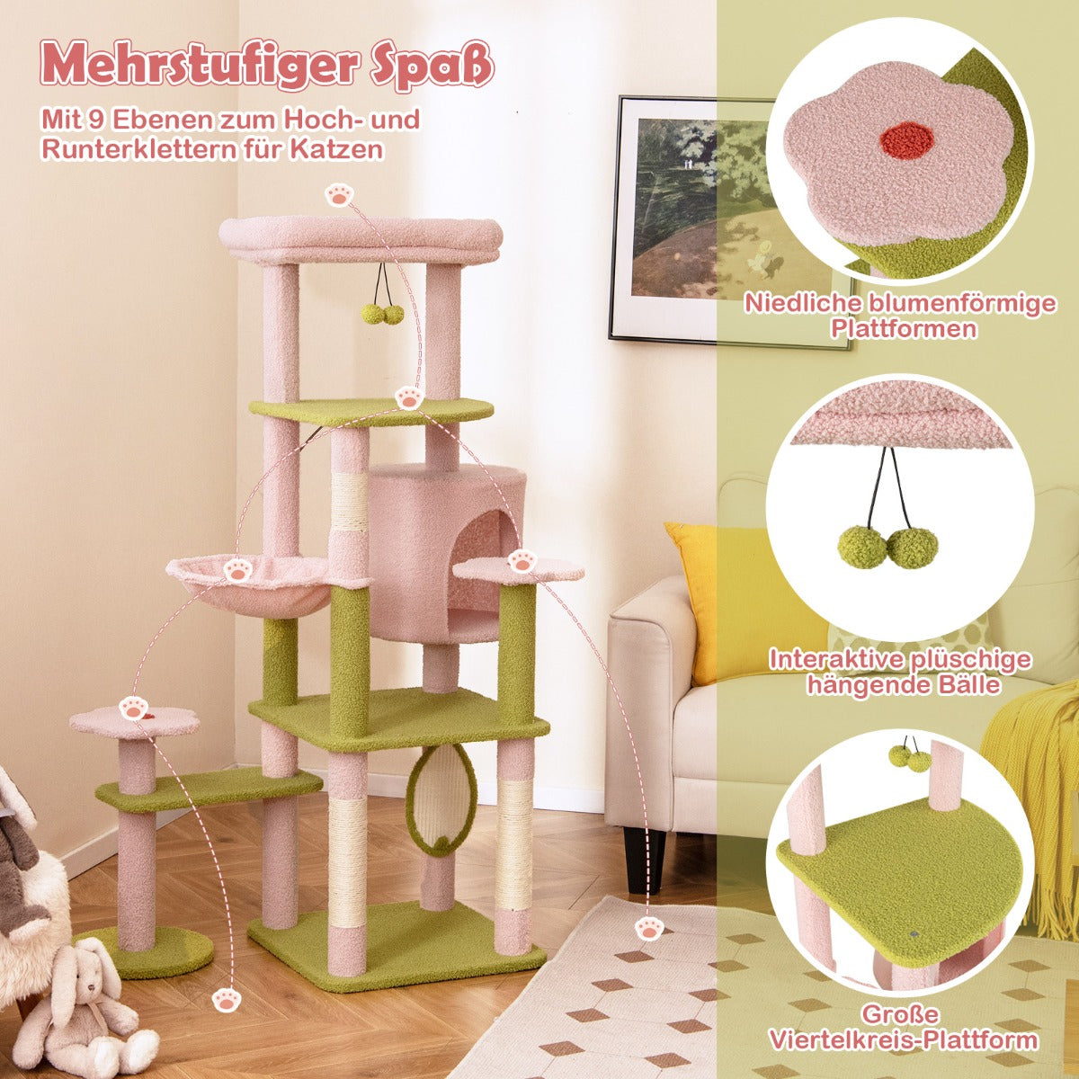 Kattträd – med blommönster och plysch vadderad plattform katthus – Rosa