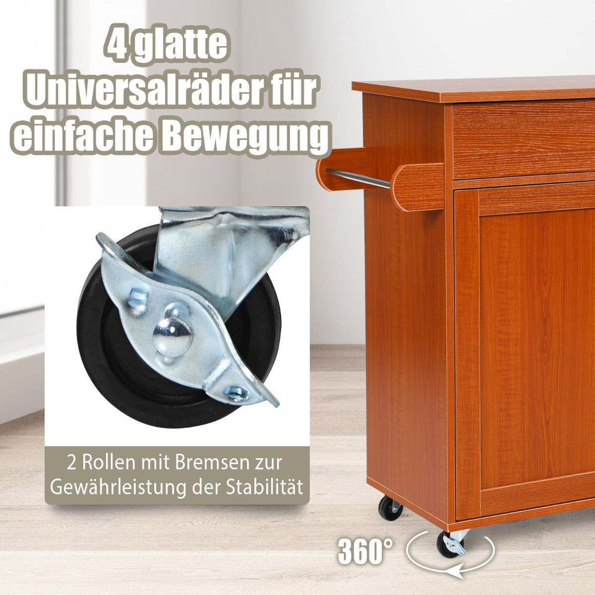 Köksvagn – med handdukshållare och kryddbräda Köksö låda – 116 x 40 x 85 cm – Brun