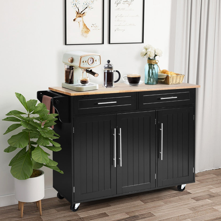 Köksö – på hjul med lådor och skåp mobil köksvagn bänkskiva – 2 2 – Svart