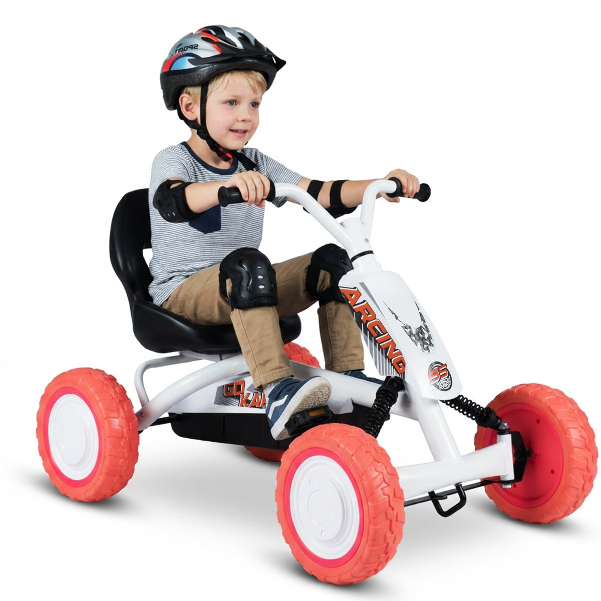 Barns – gokart trampbil med justerbar sits och ryggstöd, go pedal fram backväxel – Vit