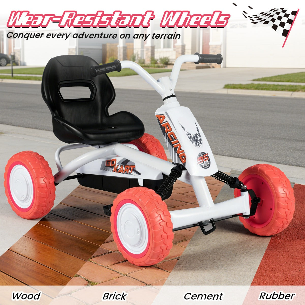 Barns – gokart trampbil med justerbar sits och ryggstöd, go pedal fram backväxel – Vit