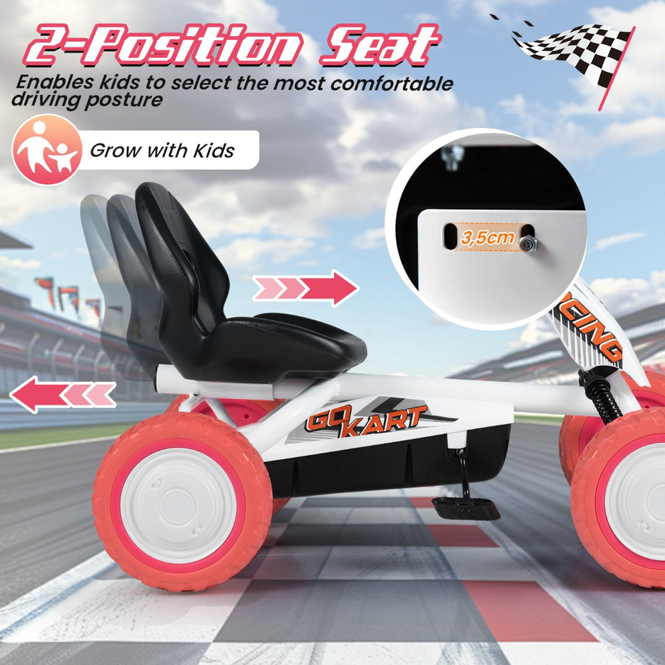 Barns – gokart trampbil med justerbar sits och ryggstöd, go pedal fram backväxel – Vit
