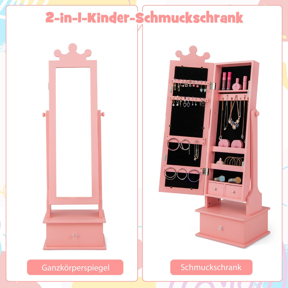 Smyckesskåp – för barn med fullängdsspegel och lutningsvinklar lådor – 2 3 – Rosa