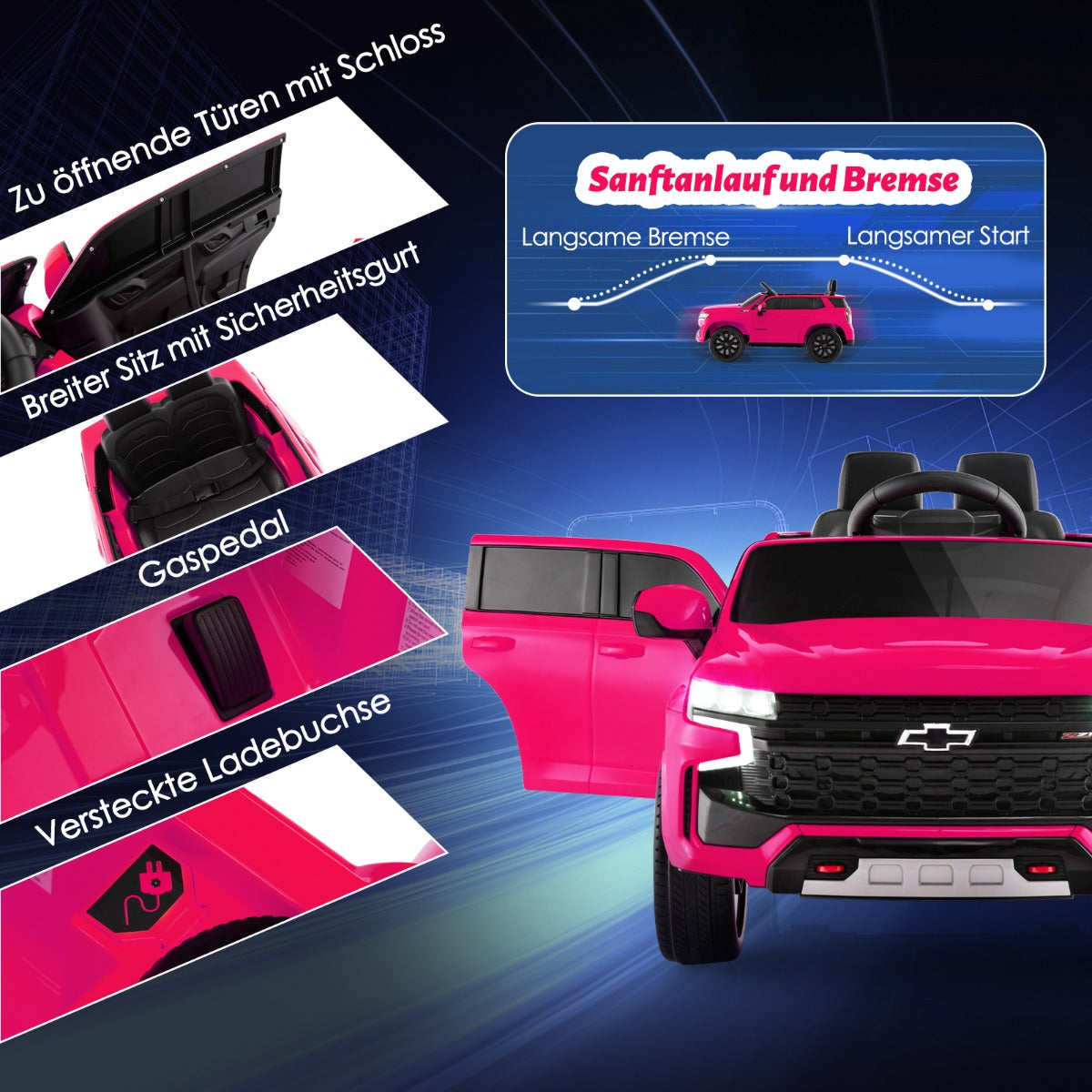 Chevrolet – elbil för barn med 2,4G fjärrkontroll och fjädring lampor musik – Rosa