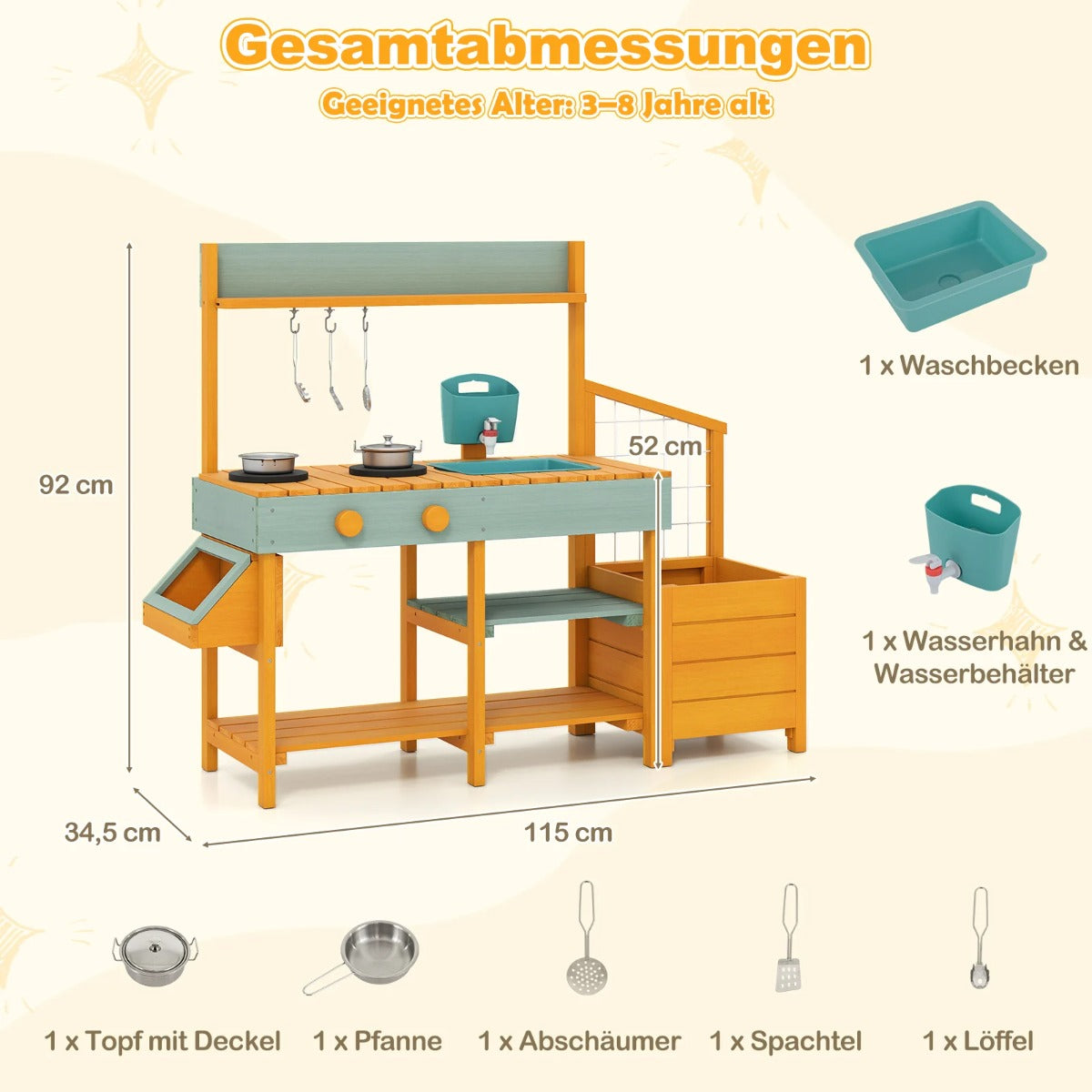 Barnkök – med planteringslåda och klätterställning Utomhuskök för vattenfunktion Gult + ljusgrönt – Gul