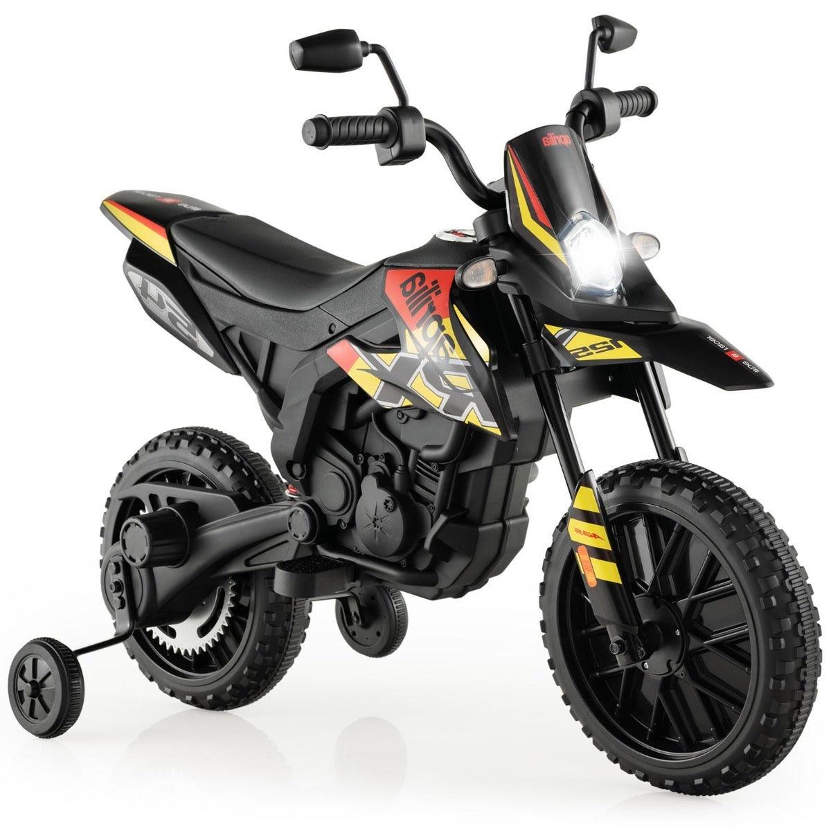 12V – barnmotorcykel med träningshjul Aprilia licensierad elmotorcykel – Svart
