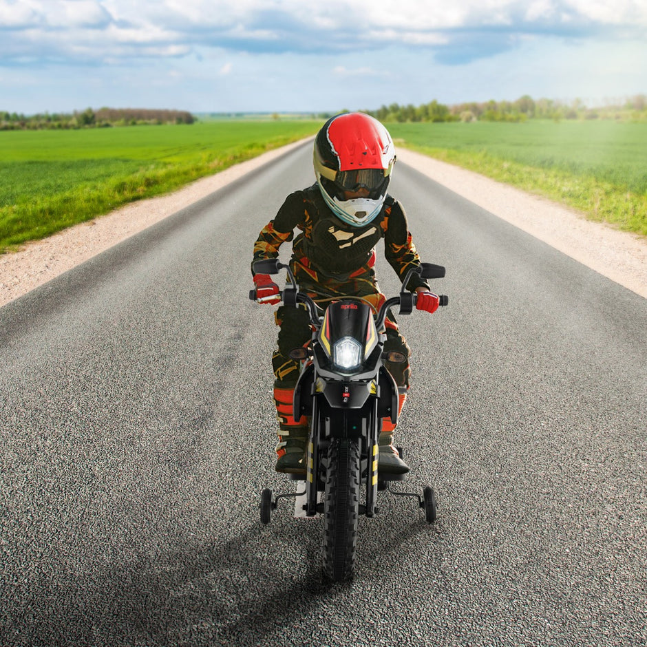 12V – barnmotorcykel med träningshjul Aprilia licensierad elmotorcykel – Svart