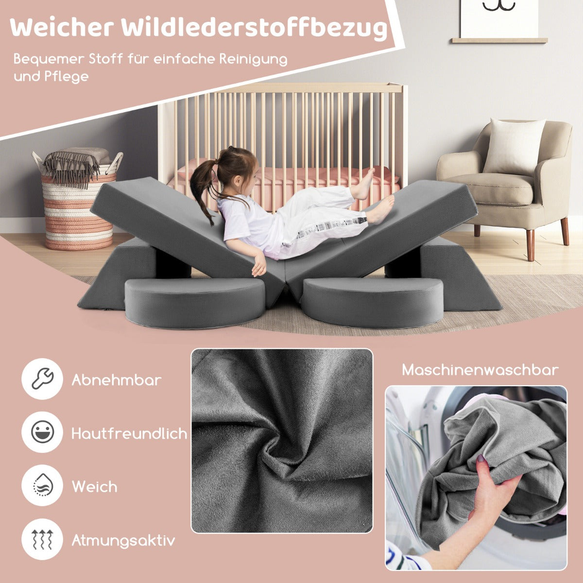 Modular – barnsoffa leksoffa Modulsoffa med avtagbart överdrag – 105,5 x 101 x 48 cm – Grå