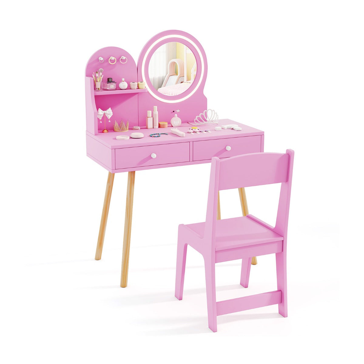 Sminkbordsset – för barn med upplyst spegel Kosmetikbord och stolset prinsessmotiv – Rosa