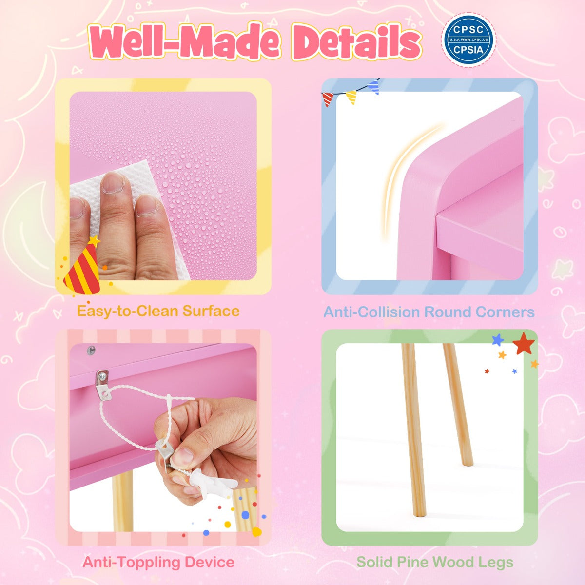 Sminkbordsset – för barn med upplyst spegel Kosmetikbord och stolset prinsessmotiv – Rosa