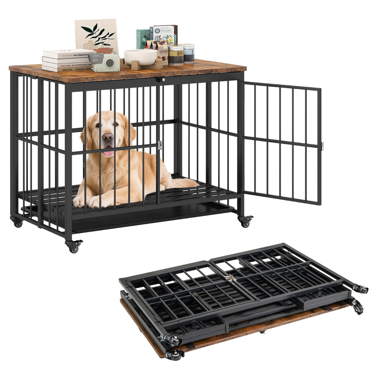 Hopfällbar – hundkoja med utdragbar bricka, hjul och låsbar dörr i sidobord Hundbur – 2 1 – Rustik brun